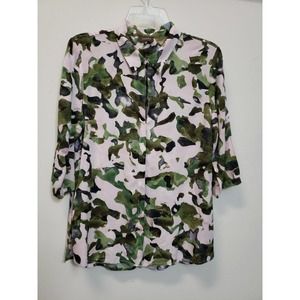 Crosby Womens Multicolor Floral 3/4 Sleeve V Neck Green Blouse Top Size L